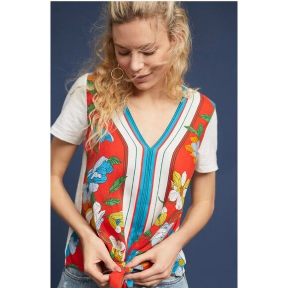 Akemi + Kin Anthropologie Sherburne Printed Tee v neck tie bottom size large new - Picture 1 of 7